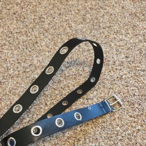 Black Grommet Faux Leather Belt with Silver Buckle